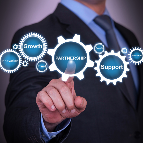 Hand touching connected gears labelled Partnership, Growth, Support, Innovation, Trust, Benefit and Motivation